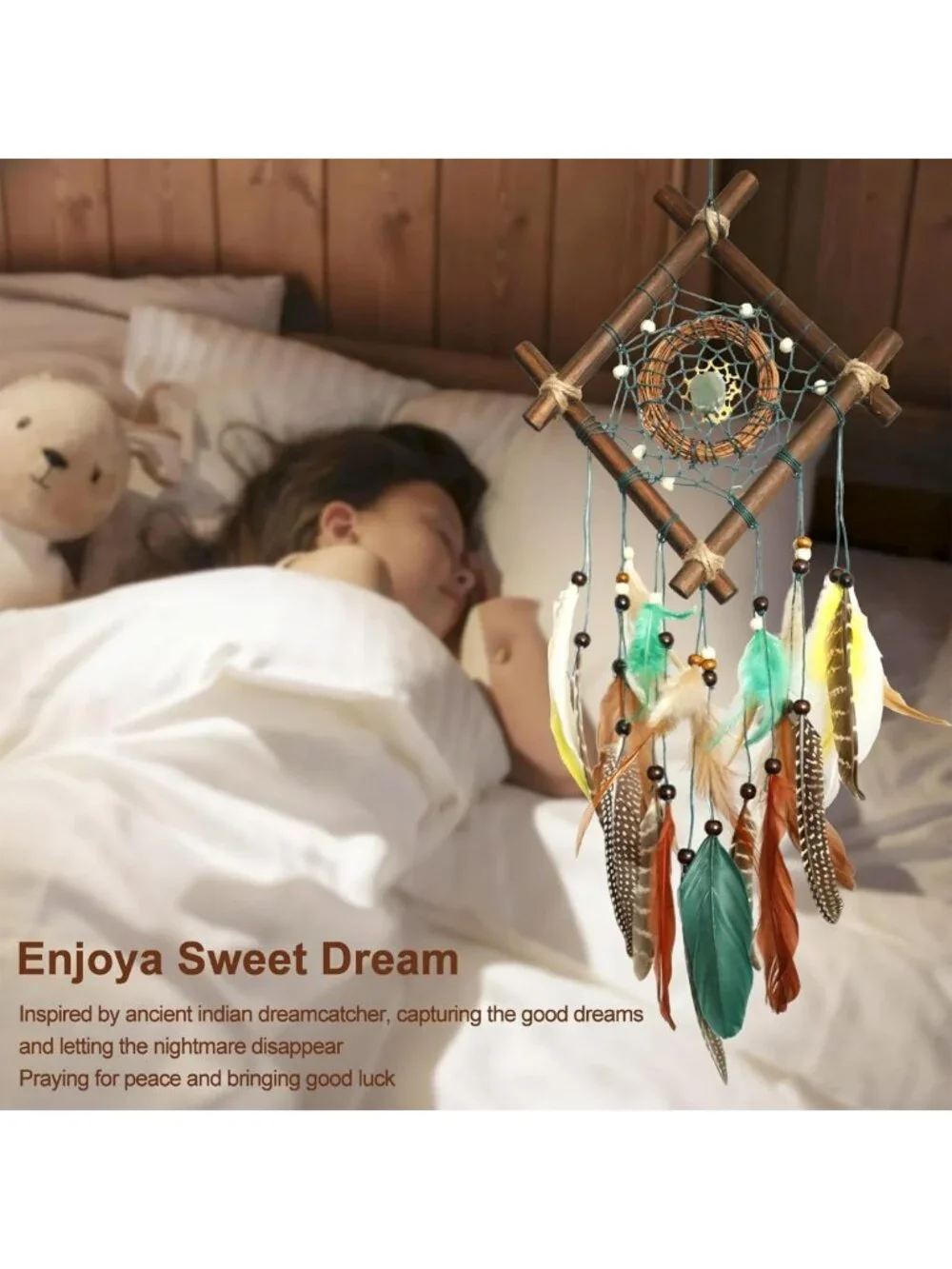 Handmade Boho Dream Catcher Wall Decor | Rattan & Crystal Feathers | Natural